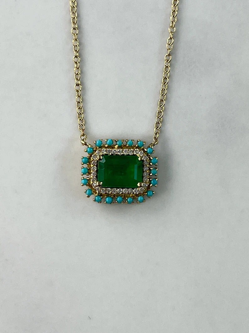 Emerald Turquoise & Diamond Necklace 14k Yellow Gold Natural 2.30 TCW