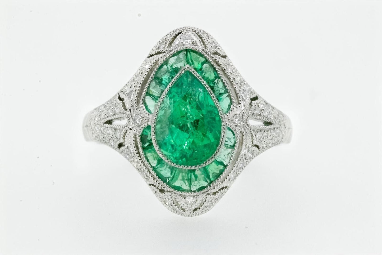 Art Deco Inspired Pear Cut Emerald Platinum Diamond Ring