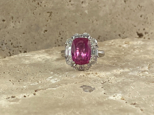 GIA Cushion Pink Sapphire Diamond Platinum Engagement Ring Natural 5.99 TCW