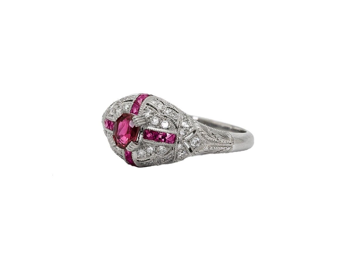 Art Deco Oval Ruby Diamond Platinum Ring Antique Inspired Natural