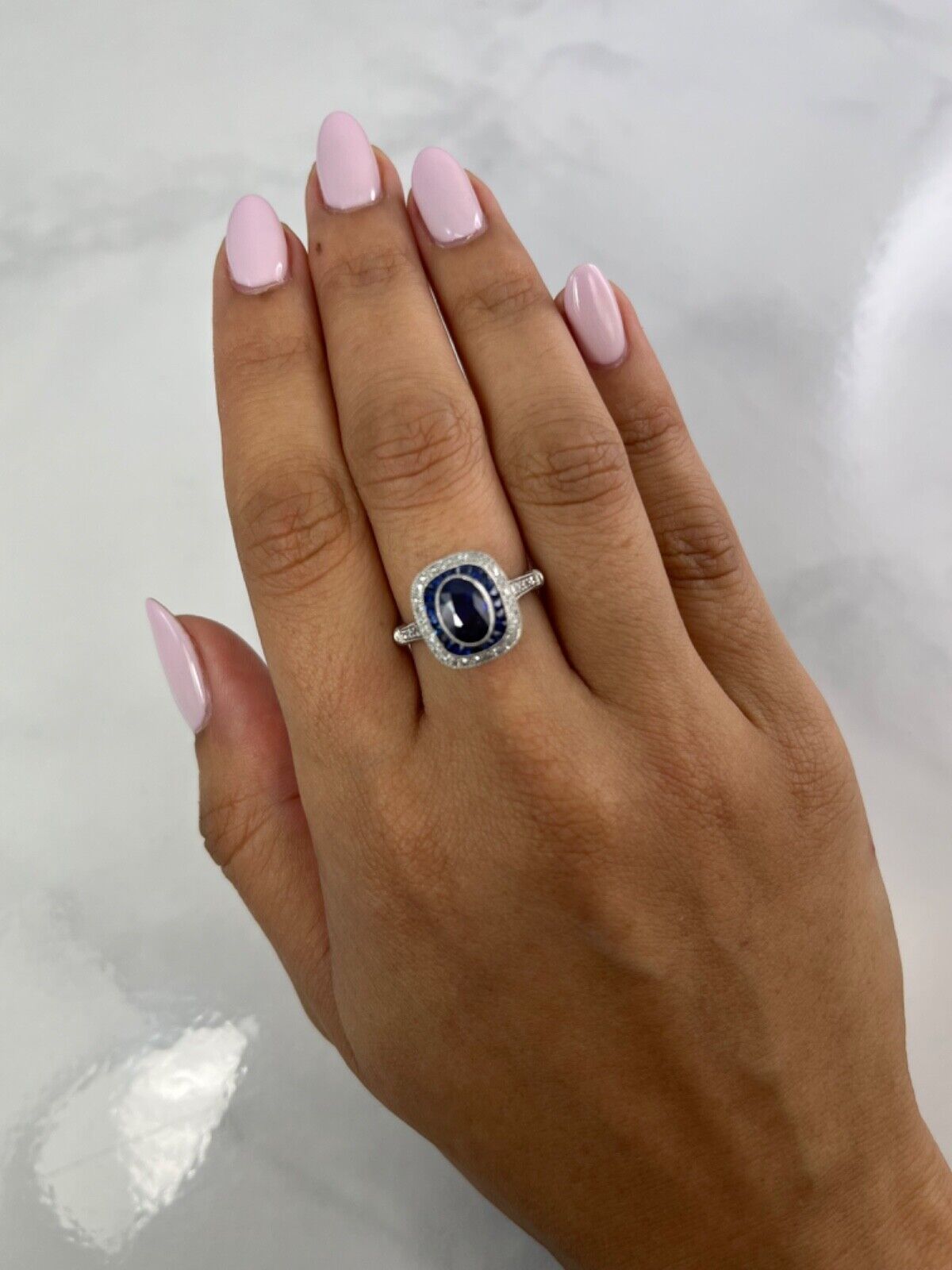 Blue Sapphire Diamond Platinum Art Deco Engagement Ring