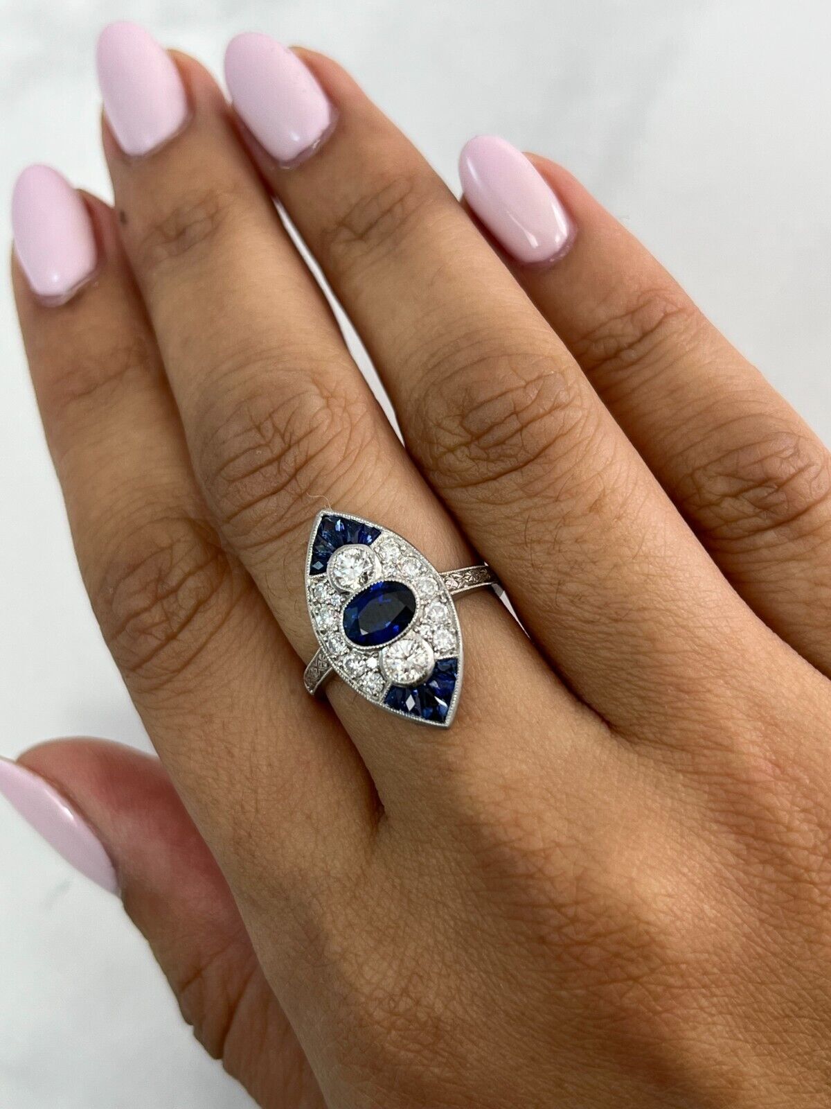 Art Deco Blue Sapphire Diamond Platinum Ring Natural