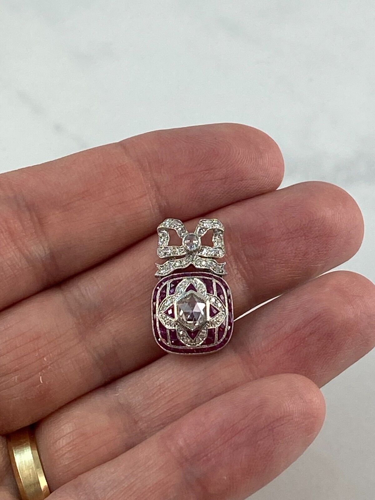Art Deco Old Mine European Diamond Ruby Bow Pendant Necklace Platinum