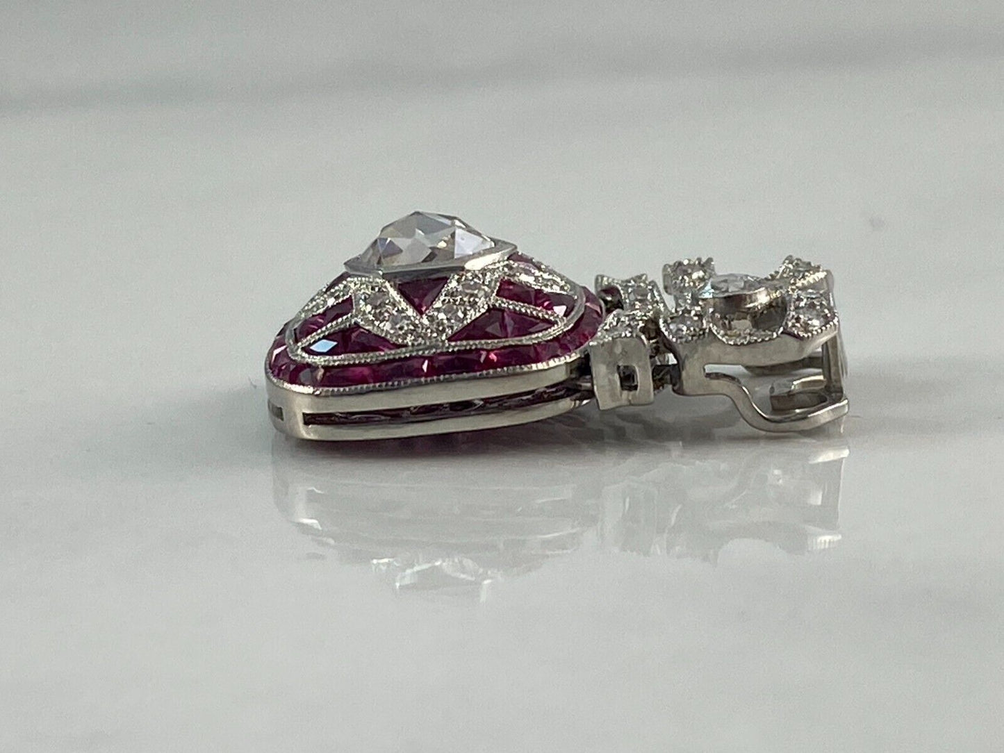 Art Deco Old Mine European Diamond Ruby Bow Pendant Necklace Platinum