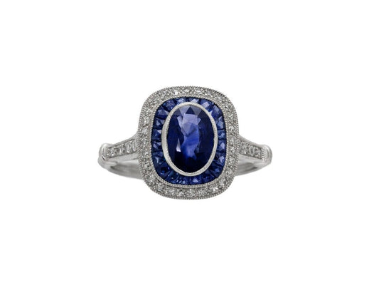 Blue Sapphire Diamond Platinum Art Deco Engagement Ring