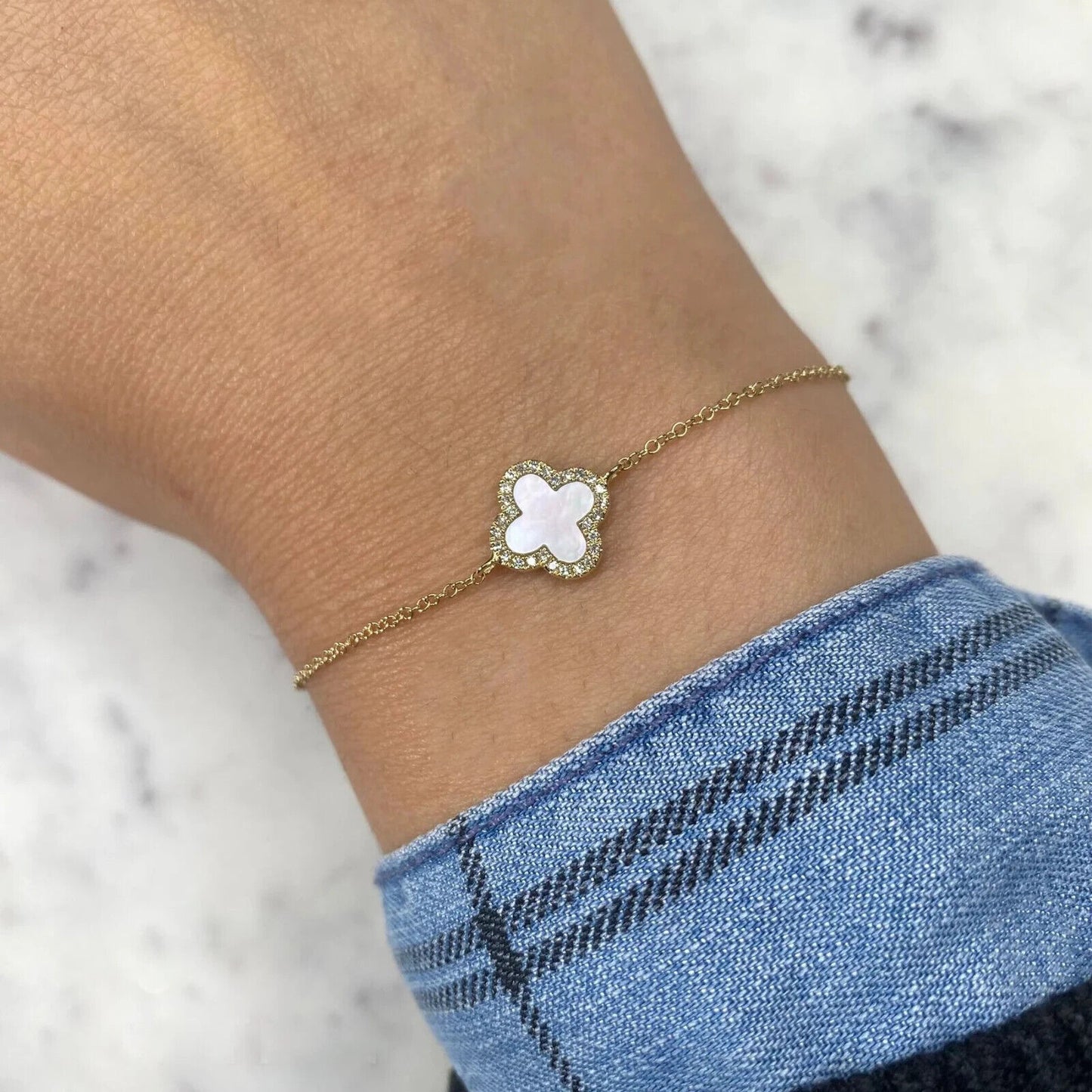 14K Gold Diamond Mother of Pearl Clover Bracelet