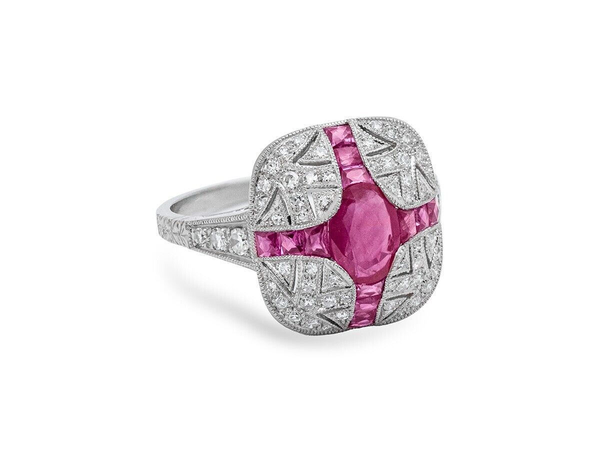 Art Deco Oval Ruby And Diamond Cocktail Ring In Platinum