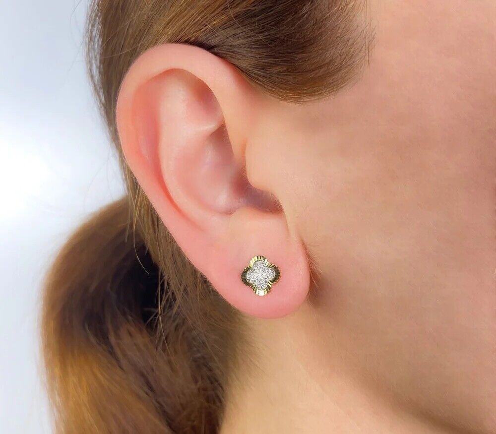14k Gold Diamond Clover Stud Earrings