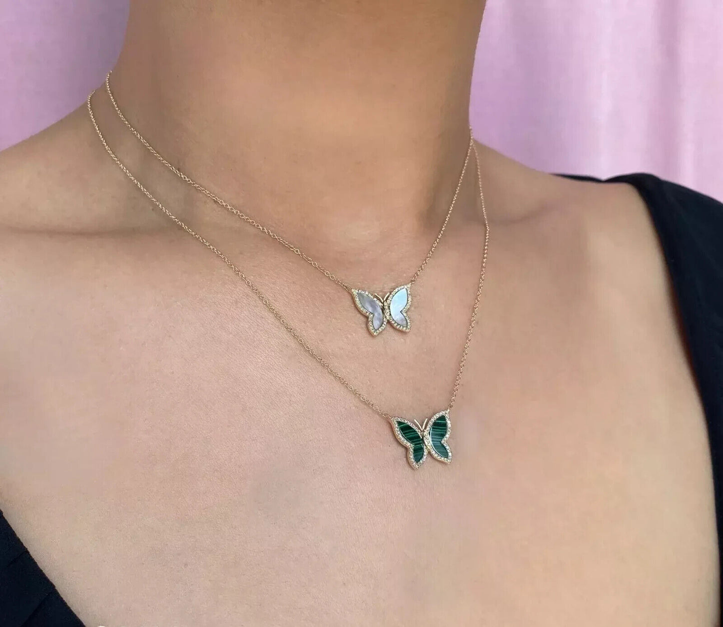 14K Gold Diamond Mother Of Pearl Butterfly Necklace