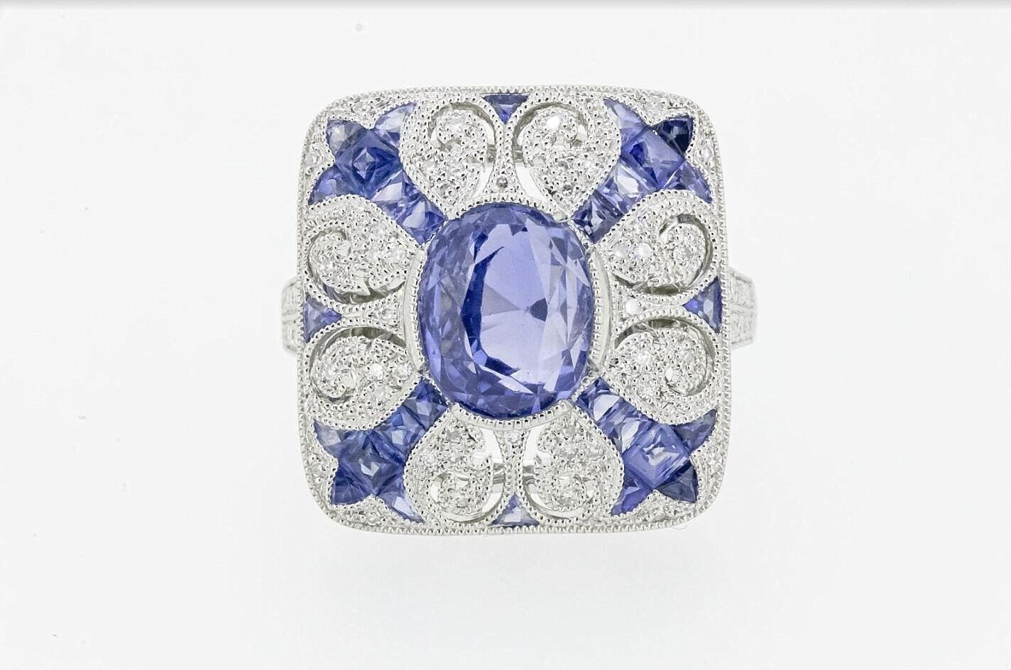 Art Deco Inspired Oval Sapphire Diamond Platinum Ring