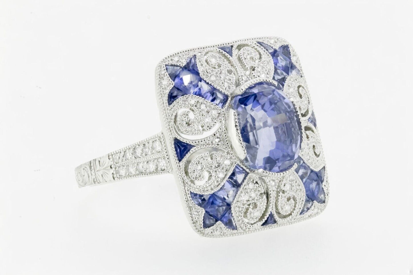 Art Deco Inspired Oval Sapphire Diamond Platinum Ring