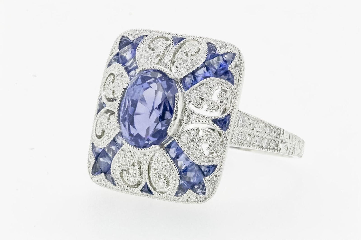 Art Deco Inspired Oval Sapphire Diamond Platinum Ring