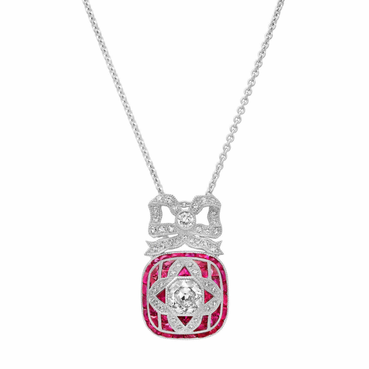 Art Deco Old Mine European Diamond Ruby Bow Pendant Necklace Platinum with Chain