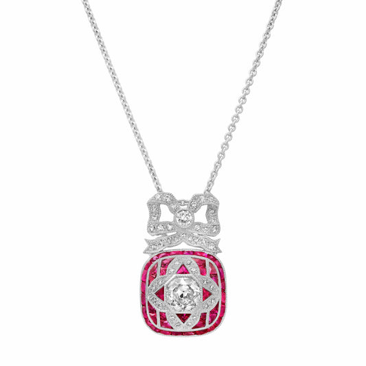 Art Deco Old Mine European Diamond Ruby Bow Pendant Necklace Platinum with Chain