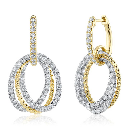 14K Gold Diamond Three-Oval Halo Dangle Earrings