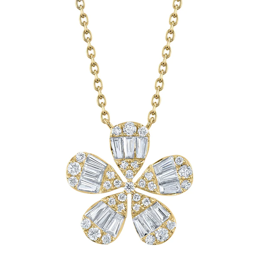 14K Gold Baguette Diamond Flower Necklace