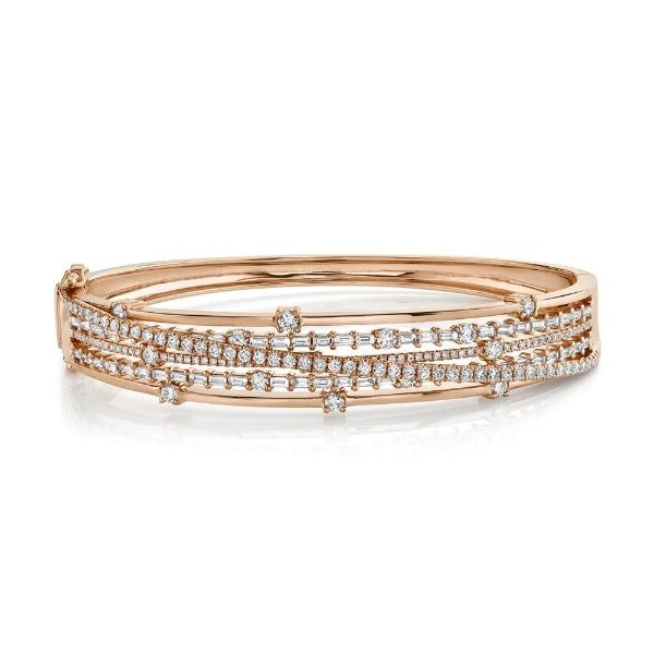 14K Gold 2.41 CT Baguette Round Diamond Crossover X Bangle Multi Row Bracelet