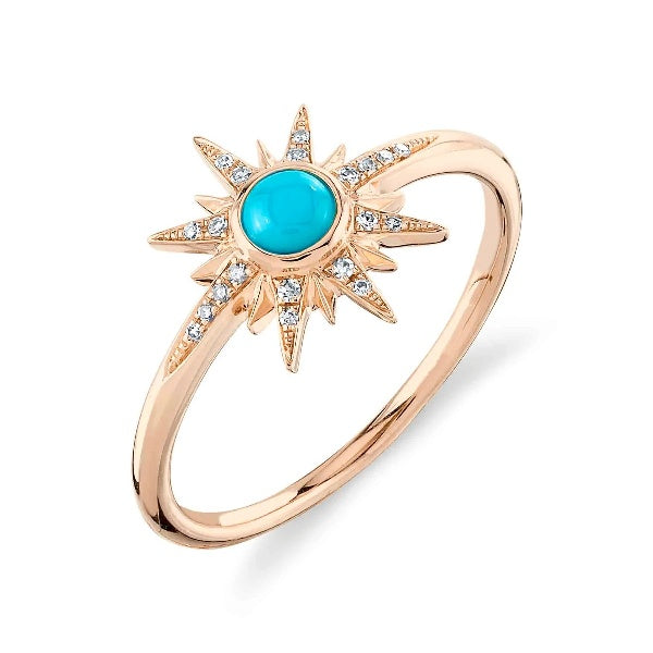 14K Gold 0.21 CT Diamond And Turquoise Star Ring Fashion Statement Cocktail