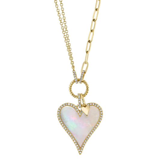 14K Gold Mother Of Pearl Diamond Heart Necklace