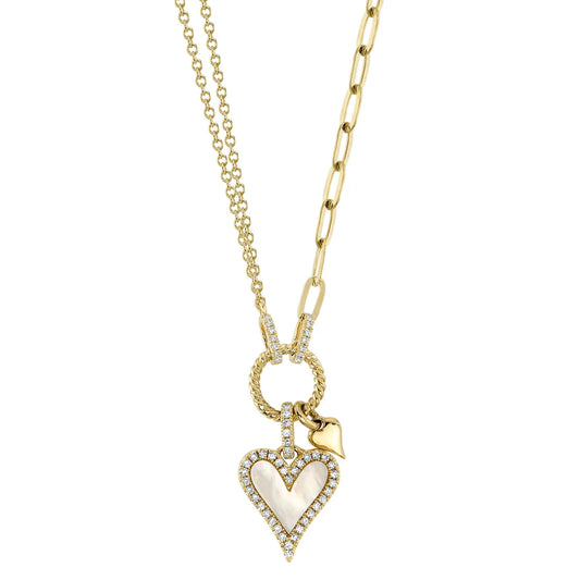 14K Gold Mother Of Pearl Diamond Heart Paper Clip Necklace