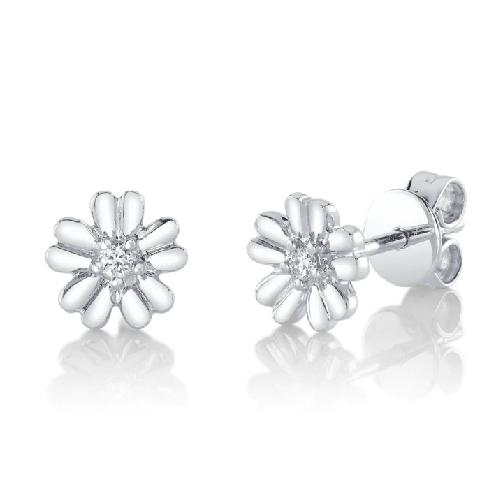 14K Gold Diamond Flower Stud Earrings