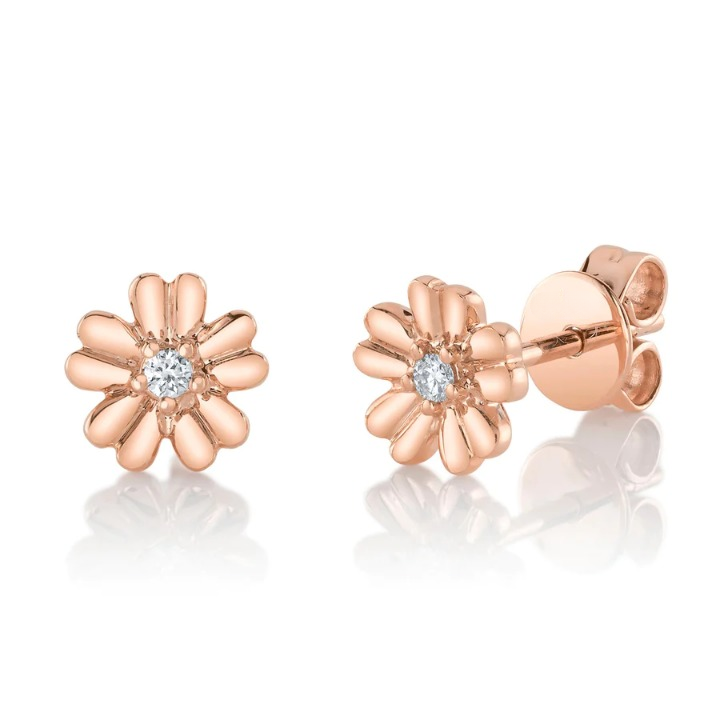 14K Gold Diamond Flower Stud Earrings