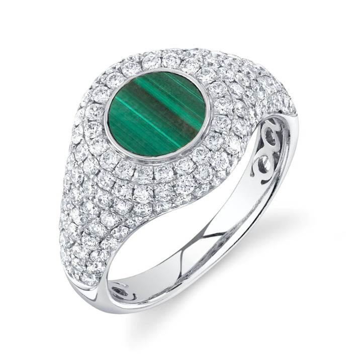 14K Gold 2.08 CT Diamond Malachite Signet Ring