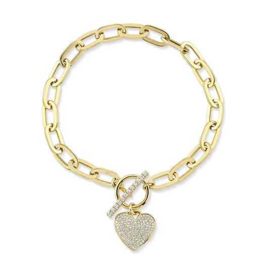 14K Gold Diamond Heart Paper Clip Charm Bracelet