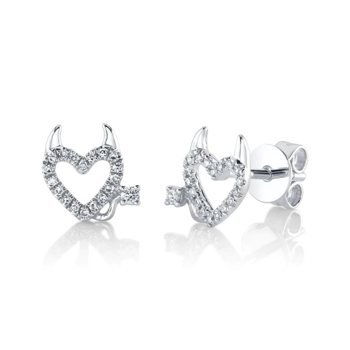 14K Gold Diamond Devil Heart Stud Earrings