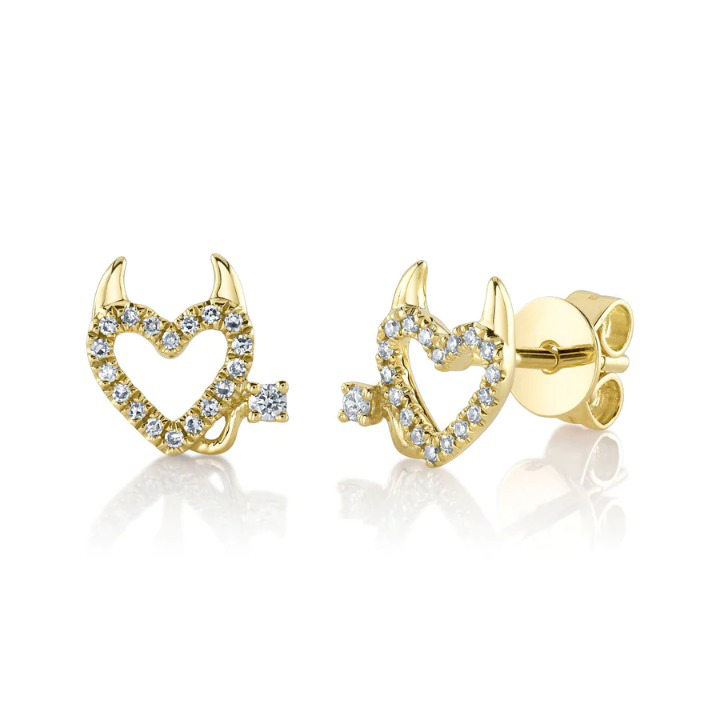 14K Gold Diamond Devil Heart Stud Earrings