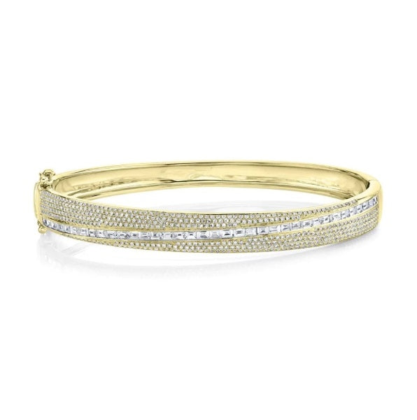 14K Gold 1.82 CT Baguette Round Pave Diamond Bangle Bracelet Wide