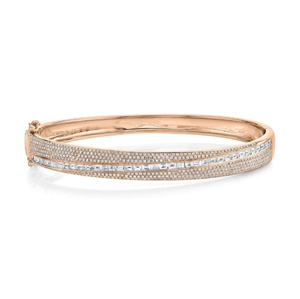 14K Gold 1.82 CT Baguette Round Pave Diamond Bangle Bracelet Wide