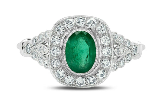 Oval Emerald Diamond Platinum Oval Ring Art Deco