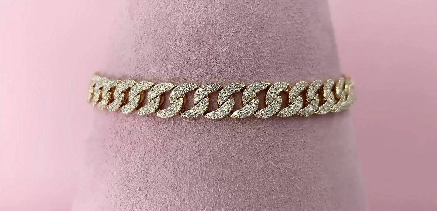 14K Gold 1.68 CT Diamond Link Cuban S Bracelet Chain Pave Round Natural