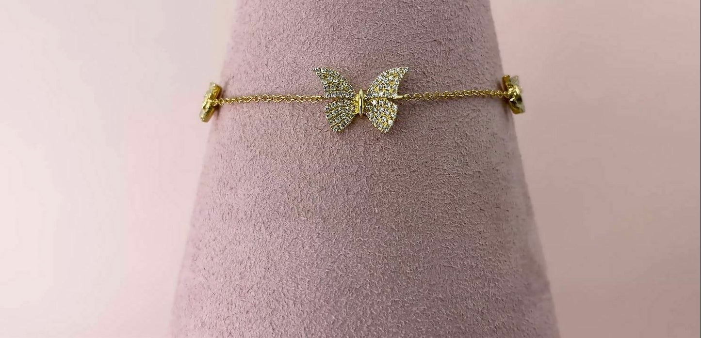 14K Gold 0.30 CT Diamond Butterfly Bracelet Pave Set Women's Round Cut