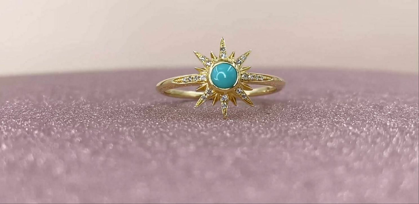 14K Gold 0.21 CT Diamond And Turquoise Star Ring Fashion Statement Cocktail