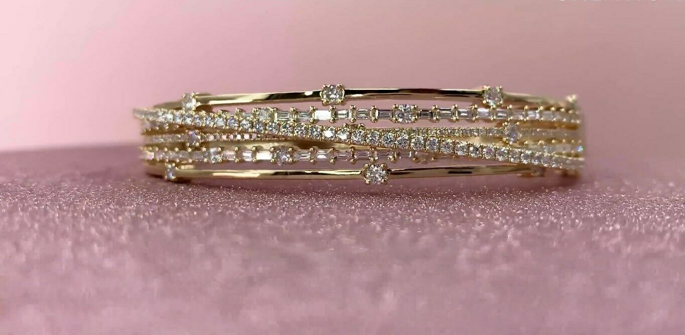 14K Gold 2.41 CT Baguette Round Diamond Crossover X Bangle Multi Row Bracelet