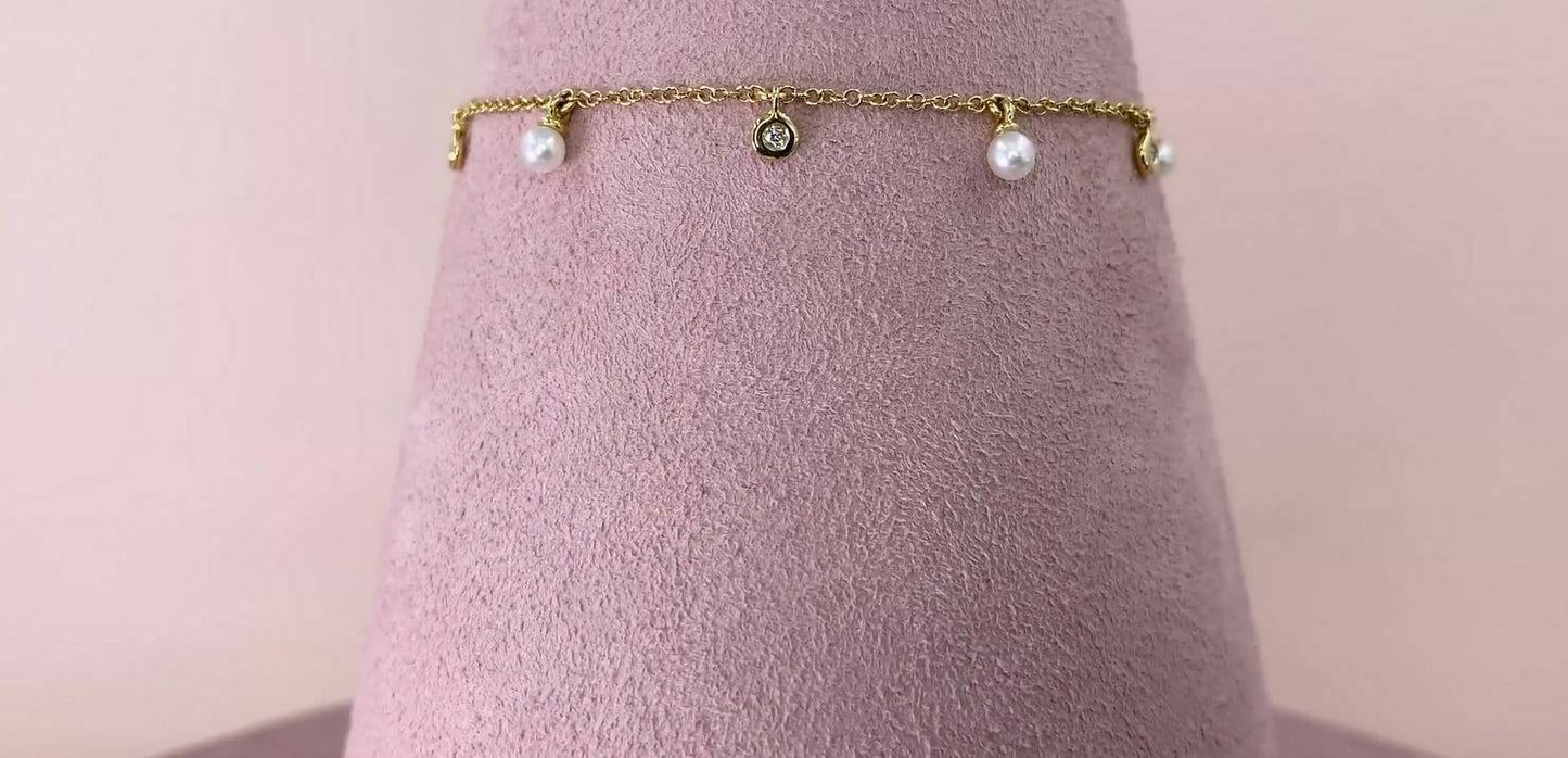 14K Gold 0.04 CT Shaker Pearl Diamond Bolo Bracelet  Bezel Set Dangling Adjustable