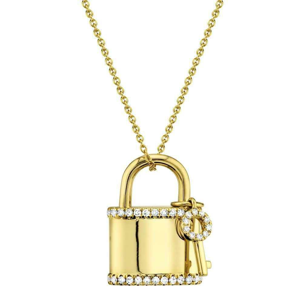 14k Gold 0.21 CT Diamond Lock & Key Pendant Necklace Natural Round Cut