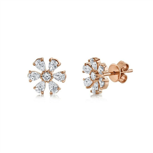 14K White Gold Pear Diamond Stud Flower Earrings Natural 1.10 CT Womens Round