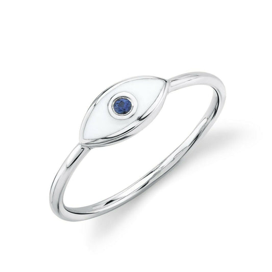 14K Gold 0.02 CT White Enamel Blue Sapphire Eye Ring All Seeing Natural Statement