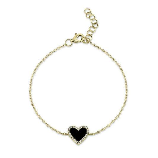 14K Gold 0.67 TCW Black Onyx Diamond Heart Bracelet Natural Adjustable