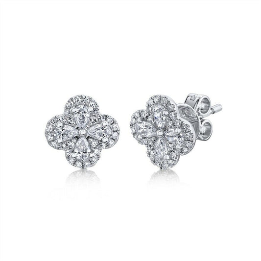 14K Gold 0.60 TCW Diamond Clover Stud Flower Earrings Pear Cut Natural