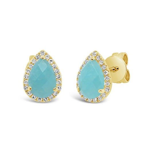 14k Gold 0.24CT Amazonite Diamond Pear Stud Earrings Pave Pushback Natural