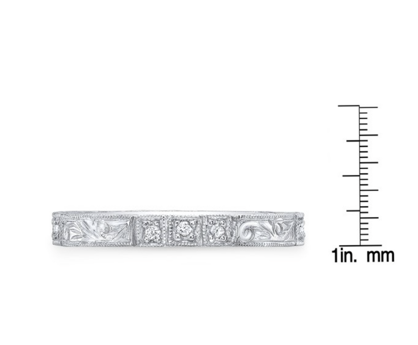 14K White Gold 0.10 CT Diamond Band Ring Engraved Paisley Carved Wedding Anniversary