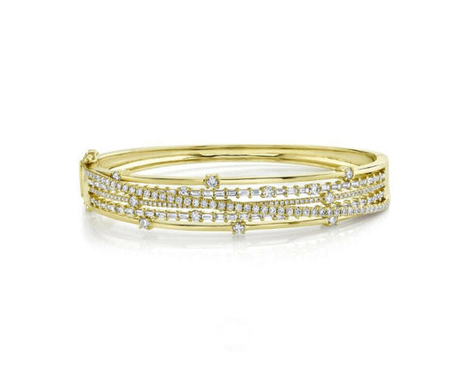 14K Gold 2.41 CT Baguette Round Diamond Crossover X Bangle Multi Row Bracelet