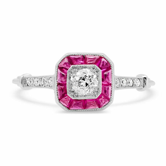 Diamond Fancy Ruby Art Deco Platinum Ring