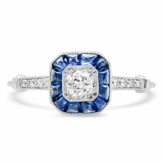 Art Deco Fancy Cut Blue Sapphire Diamond Platinum Ring