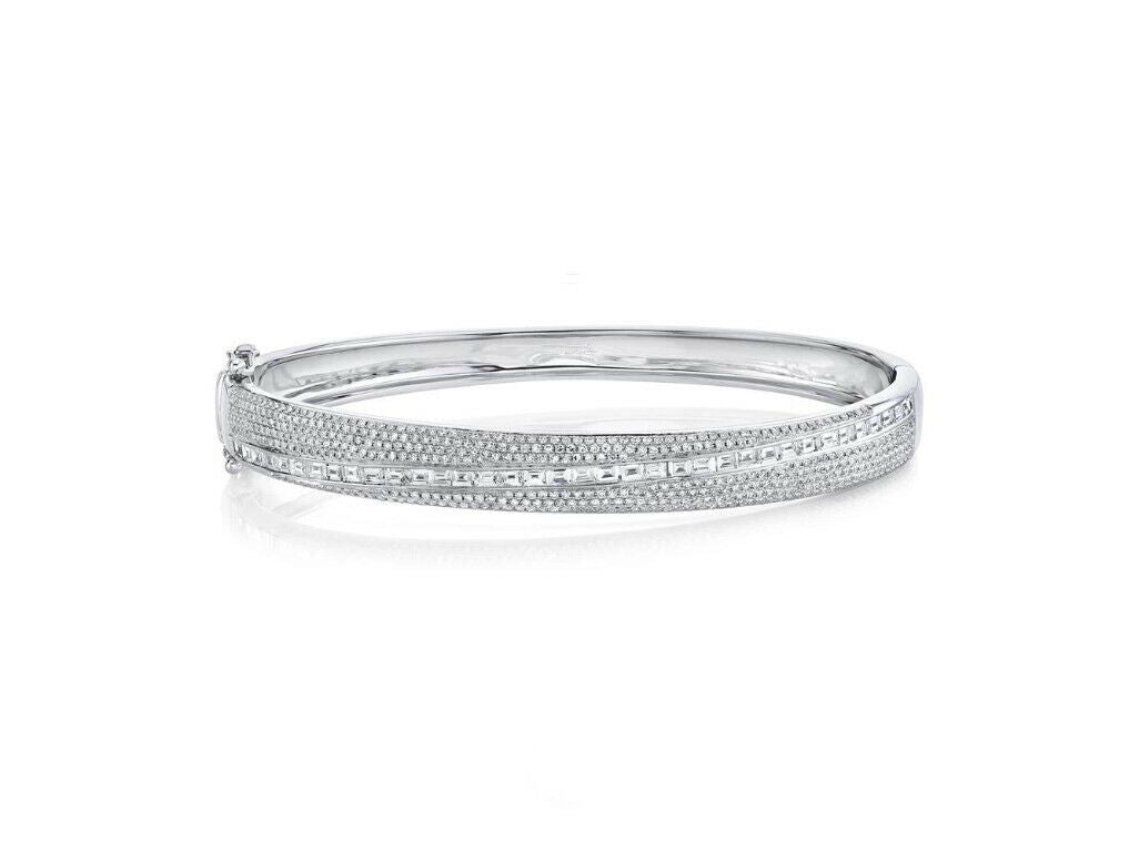 14K Gold 1.82 CT Baguette Round Pave Diamond Bangle Bracelet Wide