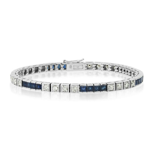 18K White Gold 5.60 TCW Blue Sapphire Diamond Tennis Bracelet Princess Round